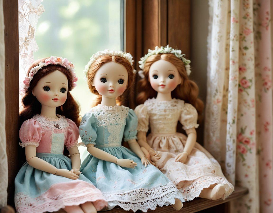 An enchanting display of whimsical dolls with various vibrant outfits, set in a cozy, sunlit corner of a home. Include vintage elements like lace curtains and a wooden shelf. Soft pastel colors dominating the scene, with a touch of sentimentality in the facial expressions of the dolls. The background features delicate floral wallpaper. super-realistic. vibrant colors. cozy atmosphere.