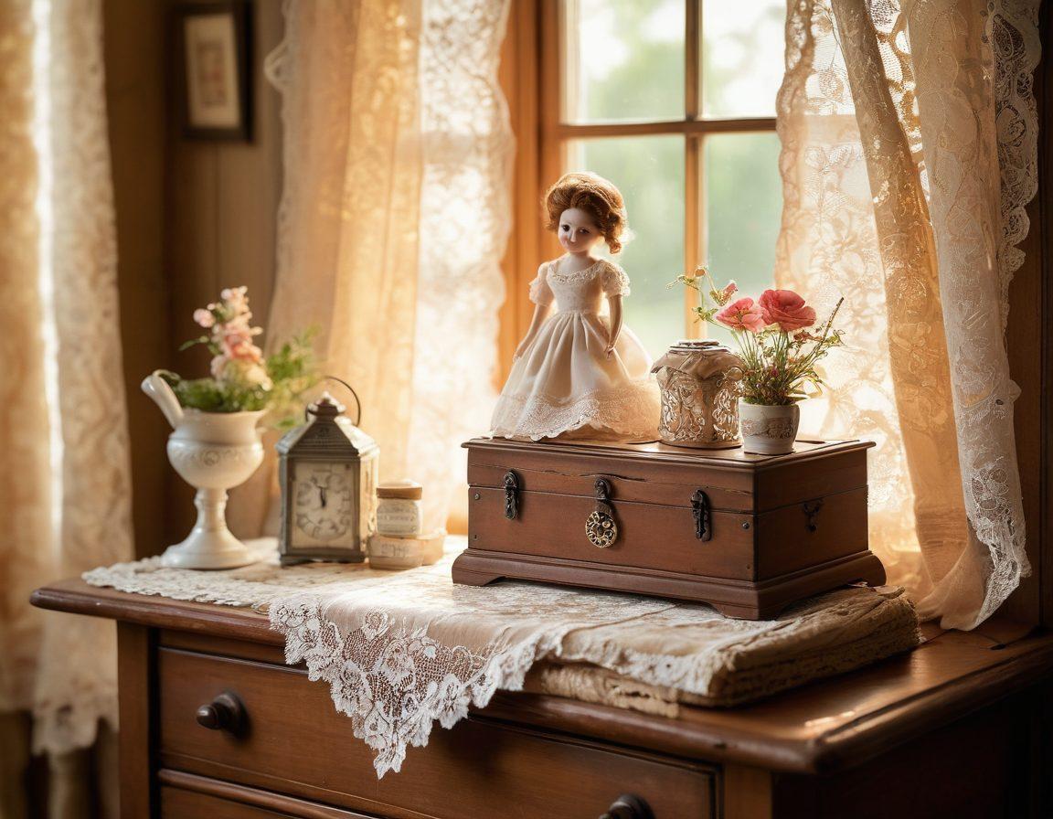 A charming collection of sentimental items spanning generations, including a vintage porcelain doll, intricately designed lace handkerchiefs, and playful whimsical trinkets like a colorful music box. Displayed on a rustic wooden table with soft sunlight filtering through lace curtains, evoking nostalgia and warmth. The scene should convey both elegance and playfulness, inviting viewers to cherish memories. soft focus. warm color palette. vintage style.